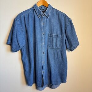 Faded Glory Mens Denim Shirt Lg Short Sleeve Button Down Western Stretch Rodeo